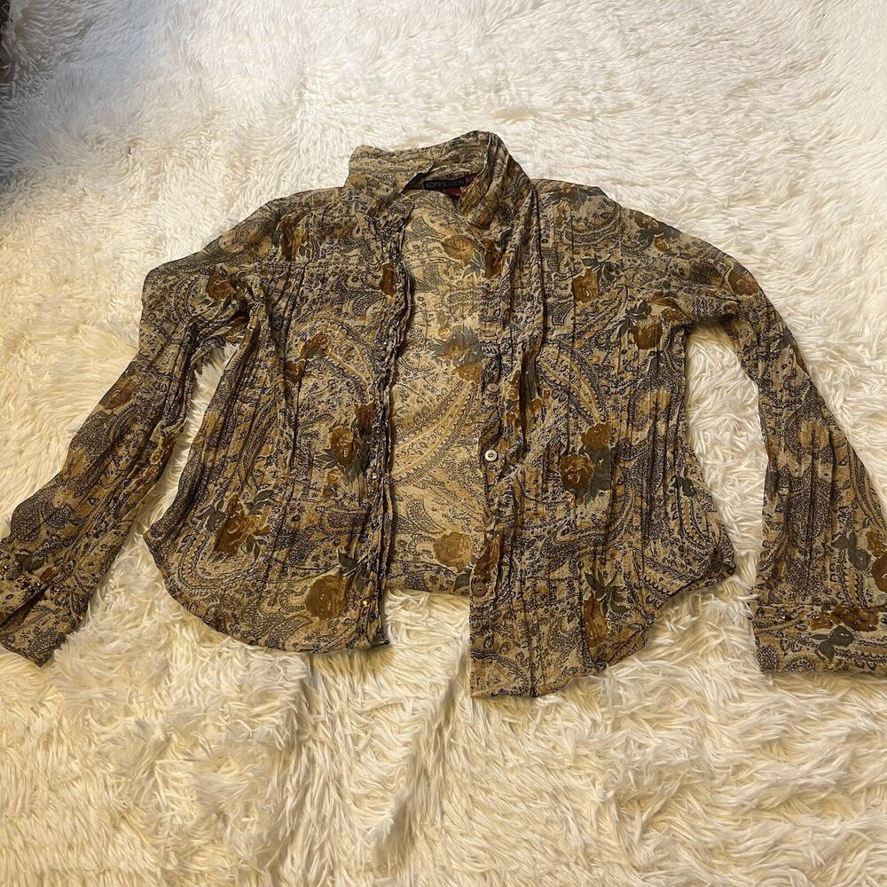 Kommotion NY Paisley Women’s Long Sleeve Button Up Blouse Brown Large